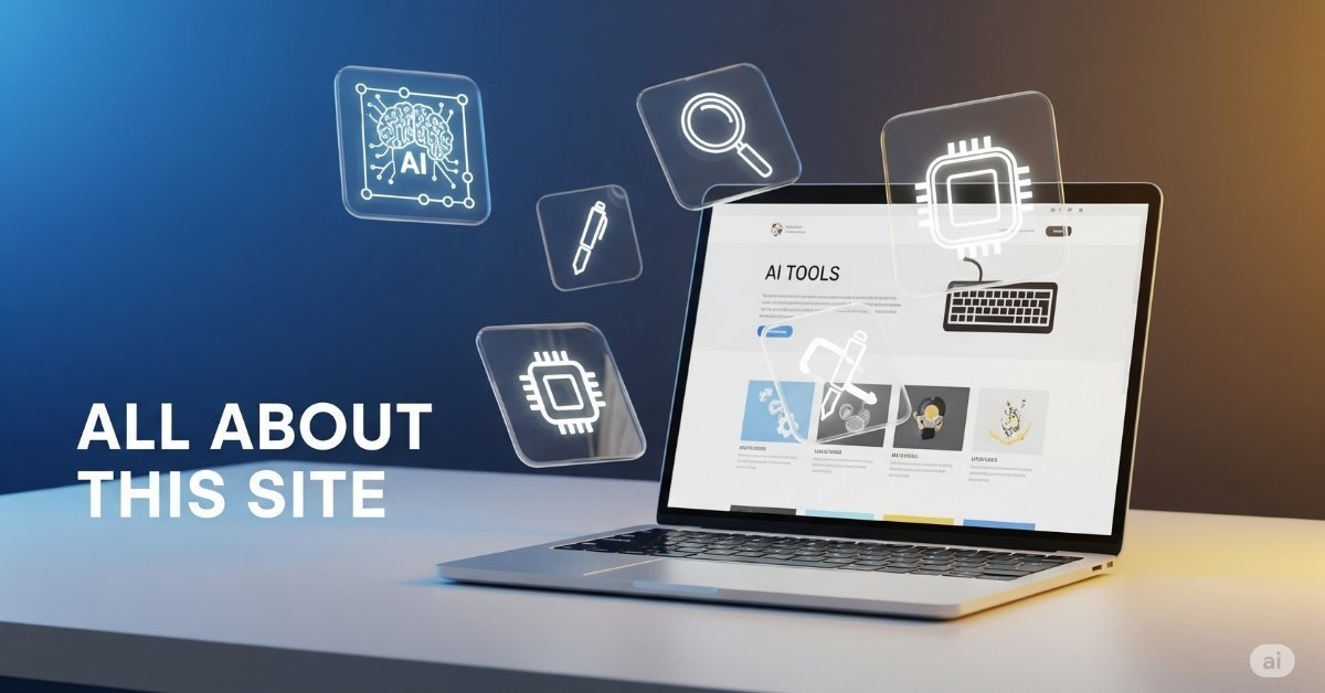 Featured image for All About This Site page on AI Flow Review, showing a realistic 3D render of a modern workspace with AI-related icons and technology theme