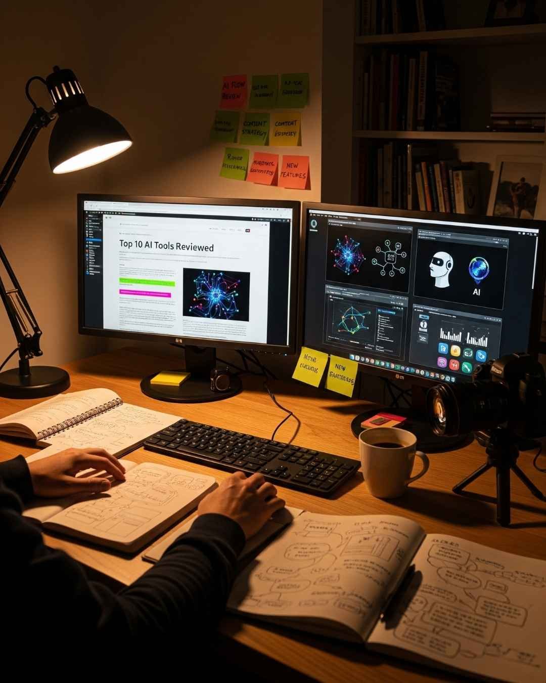 About AI Flow Review: behind-the-scenes moment of a person working late in a warm-lit home office with dual monitors, notebooks, coffee, and tech gear, capturing the passion and dedication behind the brand.