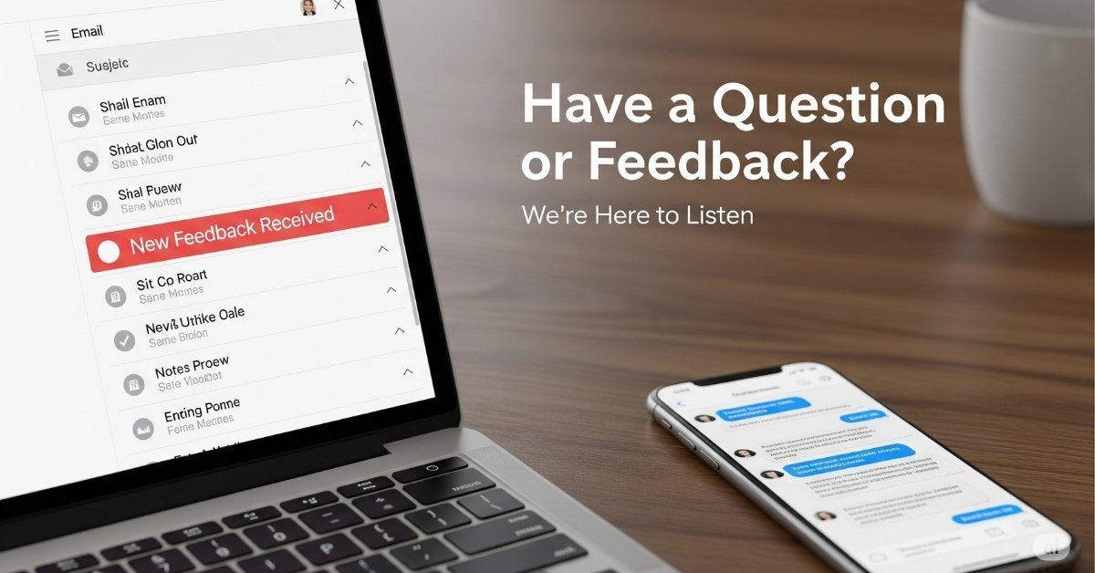 Laptop showing feedback email and smartphone chat, with overlay text Have a Question or Feedback?