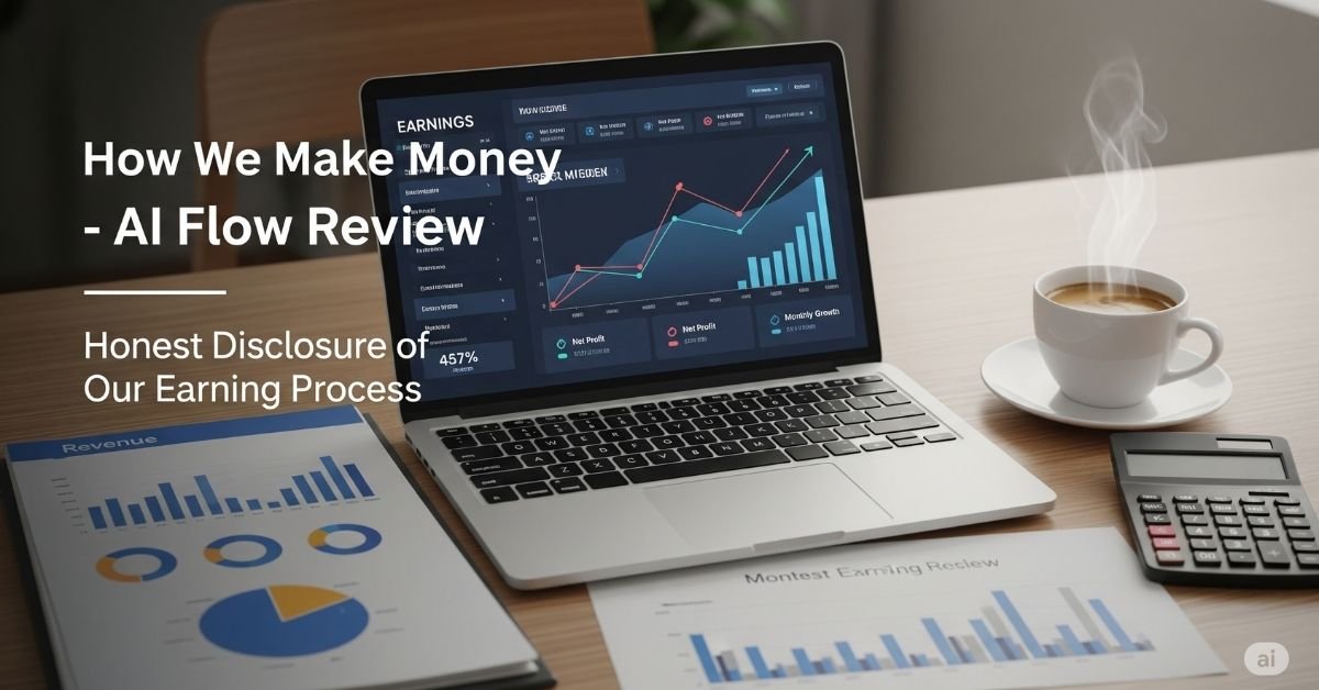 Workspace with laptop showing earnings dashboard and overlay text How We Make Money – AI Flow Review