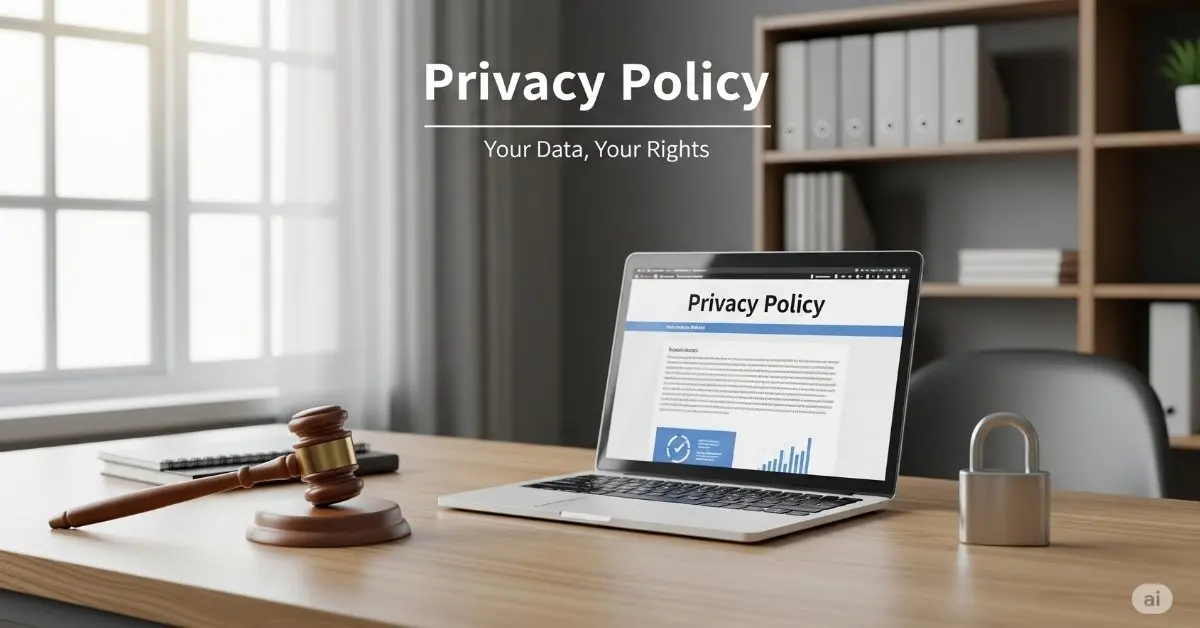 Laptop showing privacy policy with gavel and padlock, overlay text Privacy Policy