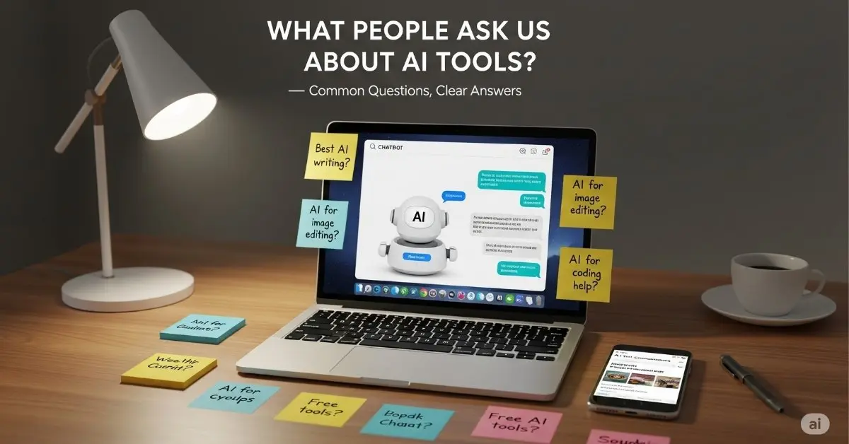 Laptop with AI chatbot and sticky notes showing AI tool questions, with overlay text What People Ask Us About AI Tools?