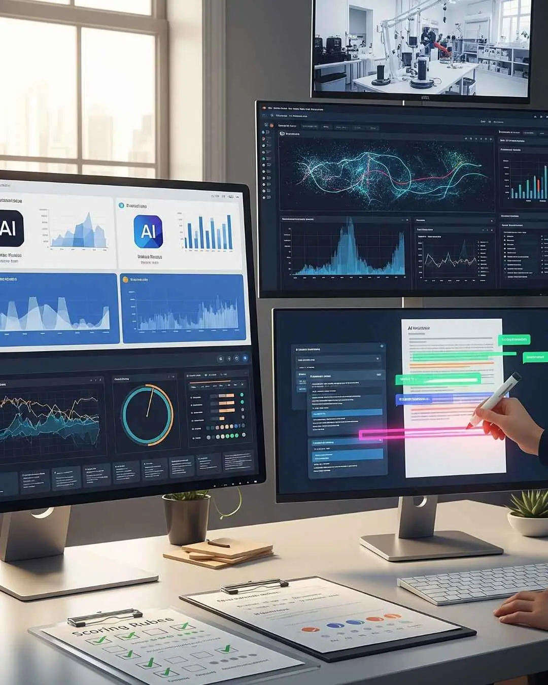 Photorealistic digital workspace showing AI Flow Review's unique approach with real testing, unbiased scoring, and automated data checks