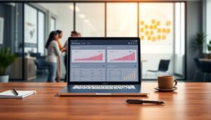 Photorealistic laptop on a modern desk displaying an A/B testing dashboard with variants A and B, charts and confidence intervals, in a bright office with a marketing team blurred in the background.