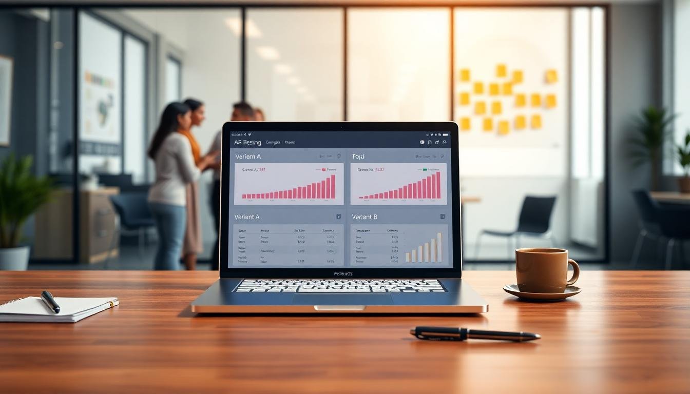 a-b-testing Photorealistic laptop on a modern desk displaying an A/B testing dashboard with variants A and B, charts and confidence intervals, in a bright office with a marketing team blurred in the background.
