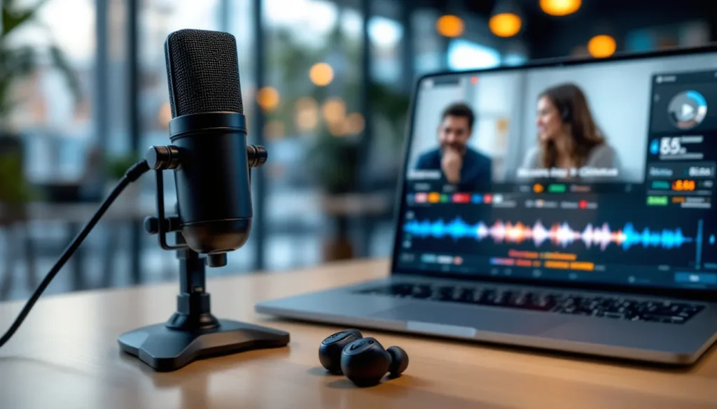 Close-up of a condenser microphone and laptop showing live multilingual captions and waveform, representing real-time AI speech transcription Alibaba Qwen