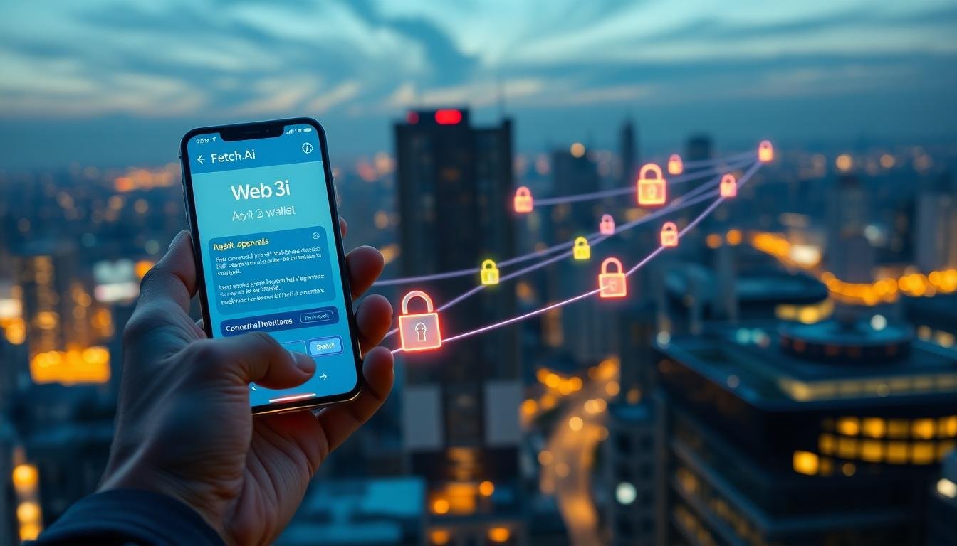 Futuristic city with digital agents and blockchain data streams, symbolizing Fetch AI automation