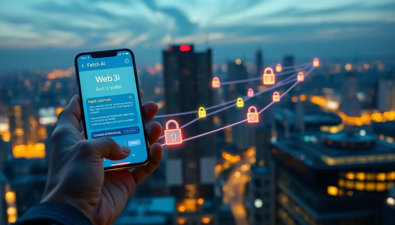 Futuristic city with digital agents and blockchain data streams, symbolizing Fetch AI automation