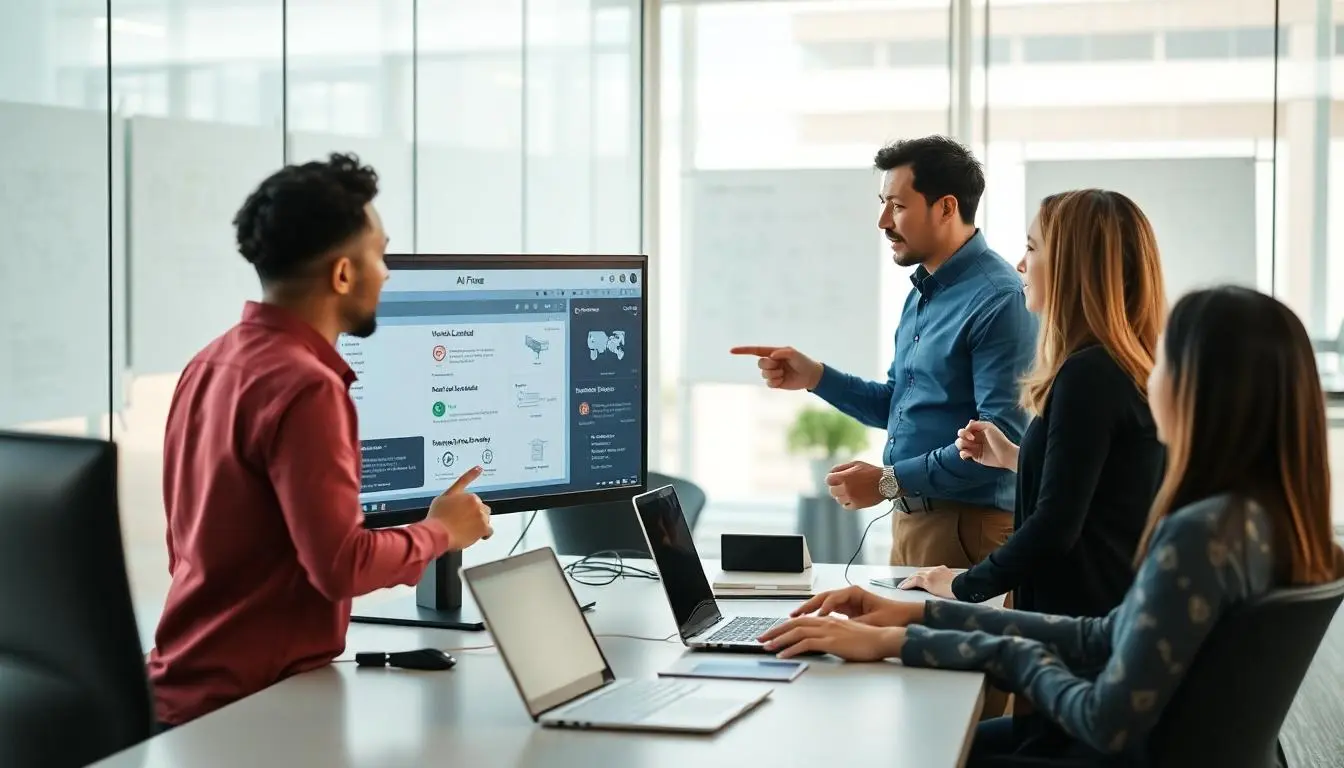 Photorealistic banner showing a collaborative AI team reviewing hugging face