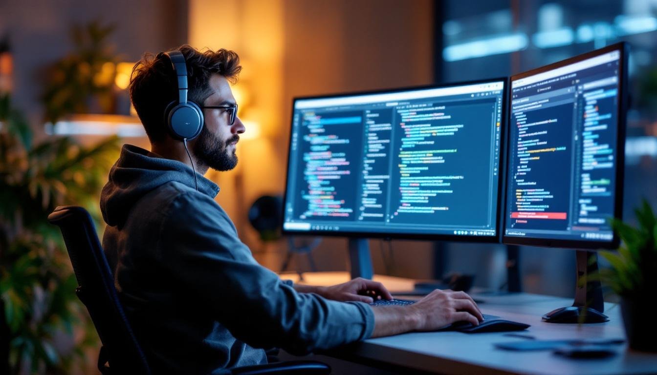 A software developer seated at a modern workstation, AI code completion suggestions visible in the IDE, highlighting Tabnine in use. Image created with AI.