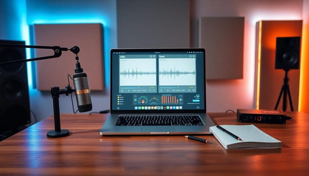 hotorealistic studio desk with laptop showing Udio vs Suno interfaces, microphone, headphones, and soft blue-amber lighting.