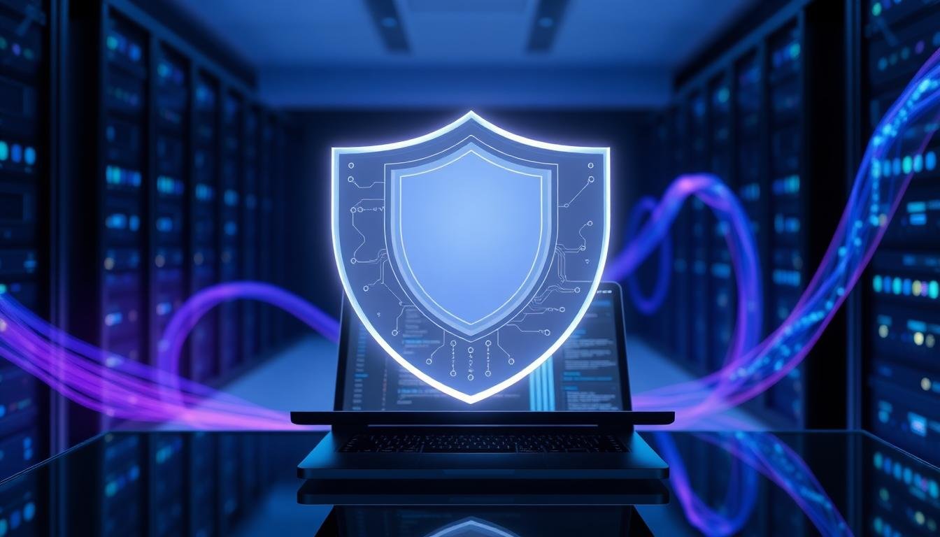 Photorealistic holographic shield over laptop with blue and violet data streams, representing VaultGemma’s privacy-first AI