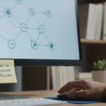 Photorealistic close-up of an Best AI agents 2025 orchestration canvas displayed on a large monitor, with a hand on a mouse and a sticky note visible in the foreground.