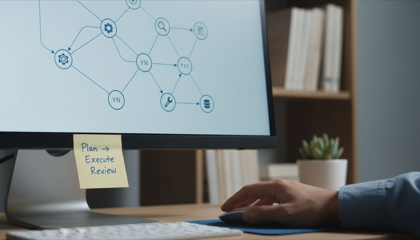 Photorealistic close-up of an Best AI agents 2025 orchestration canvas displayed on a large monitor, with a hand on a mouse and a sticky note visible in the foreground.