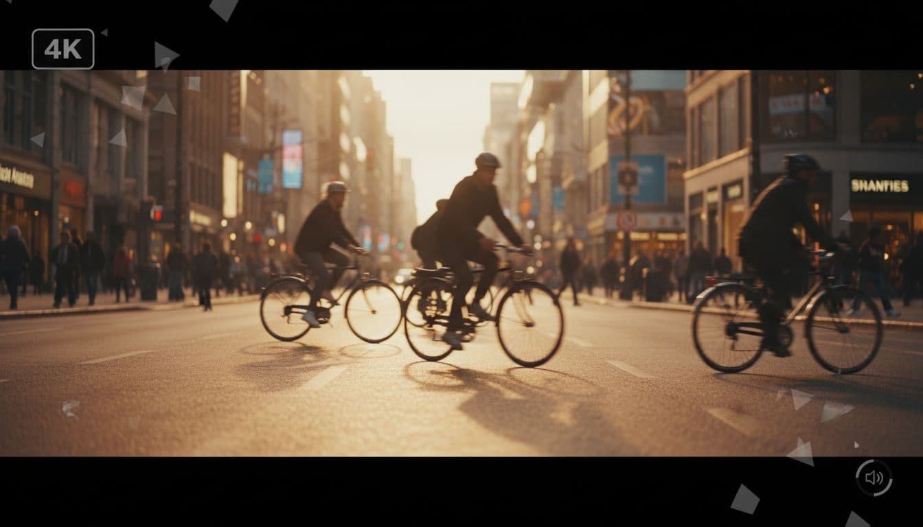 A photorealistic frame from an OpenArt AI generated cinematic video showing a dynamic city street at golden hour with motion blur on cyclists and subtle UI elements.