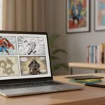 Photorealistic laptop on a AI Comic Factory studio desk showing a comic page with four panel styles, with a pen tablet, coffee mug, and soft window light in the background.