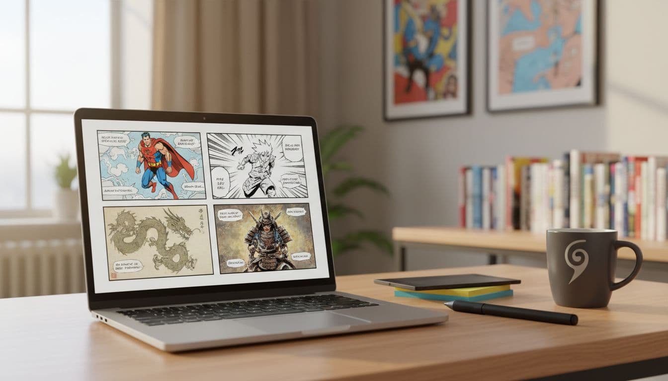 ai-comic-factory-review-hero-banner-14ae5761 Photorealistic laptop on a AI Comic Factory studio desk showing a comic page with four panel styles, with a pen tablet, coffee mug, and soft window light in the background.