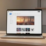 Ilustration screenshot-style mockup of a OpenArt AI content platform dashboard featuring tabs for Video, Image, Character, and Audio, set against a blurred workspace background with a laptop and potted plant.