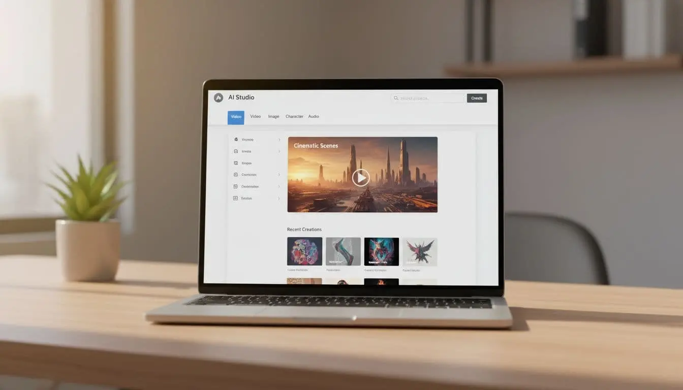 Ilustration screenshot-style mockup of a OpenArt AI content platform dashboard featuring tabs for Video, Image, Character, and Audio, set against a blurred workspace background with a laptop and potted plant.