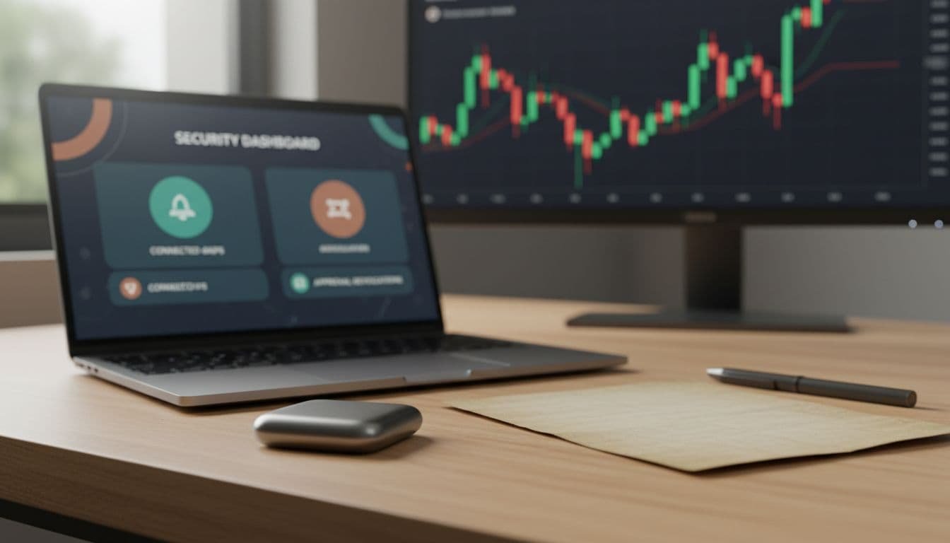 A photorealistic scene depicting secure AI crypto practices with a hardware wallet and paper seed backup on a desk, a laptop showing security dashboard for dApps and revocations, and a background candlestick chart for market volatility.