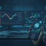 Photorealistic AI crypto banner featuring a smartphone displaying a crypto wallet with AI tokens and charts, set against a modern trading desk with monitors showing price analytics.