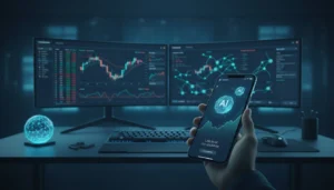 Photorealistic AI crypto banner featuring a smartphone displaying a crypto wallet with AI tokens and charts, set against a modern trading desk with monitors showing price analytics.
