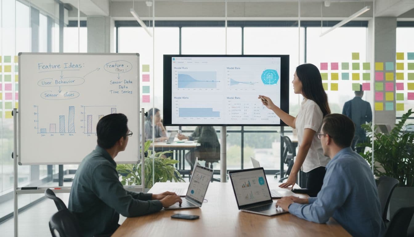 A photorealistic scene of a data team working collaboratively with an AI data science agent in a modern office.