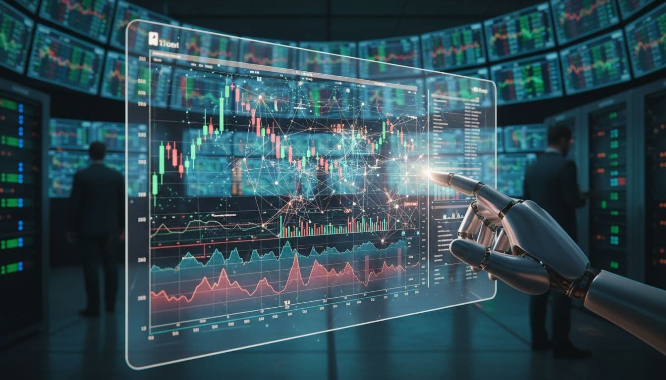 A photorealistic image of AI trading bots featuring a transparent holographic interface displaying order book heatmaps and trade flows, set in an exchange floor room with live tick charts on screens, and a subtle robotic hand interacting with the interface.