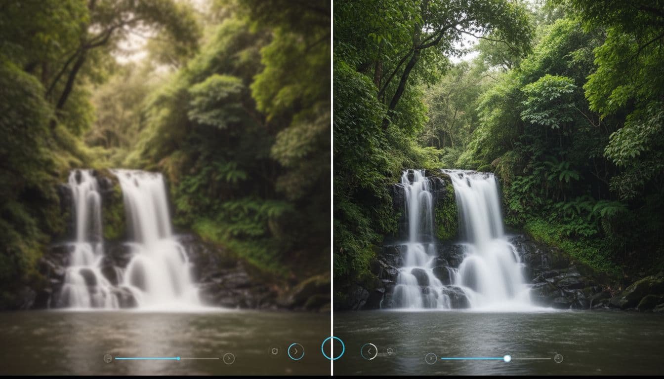 Photorealistic split-screen image showing a softer 1080p nature scene with waterfall and foliage on the left, contrasted with a crisply upscaled version on the right featuring finer details and sharper textures.