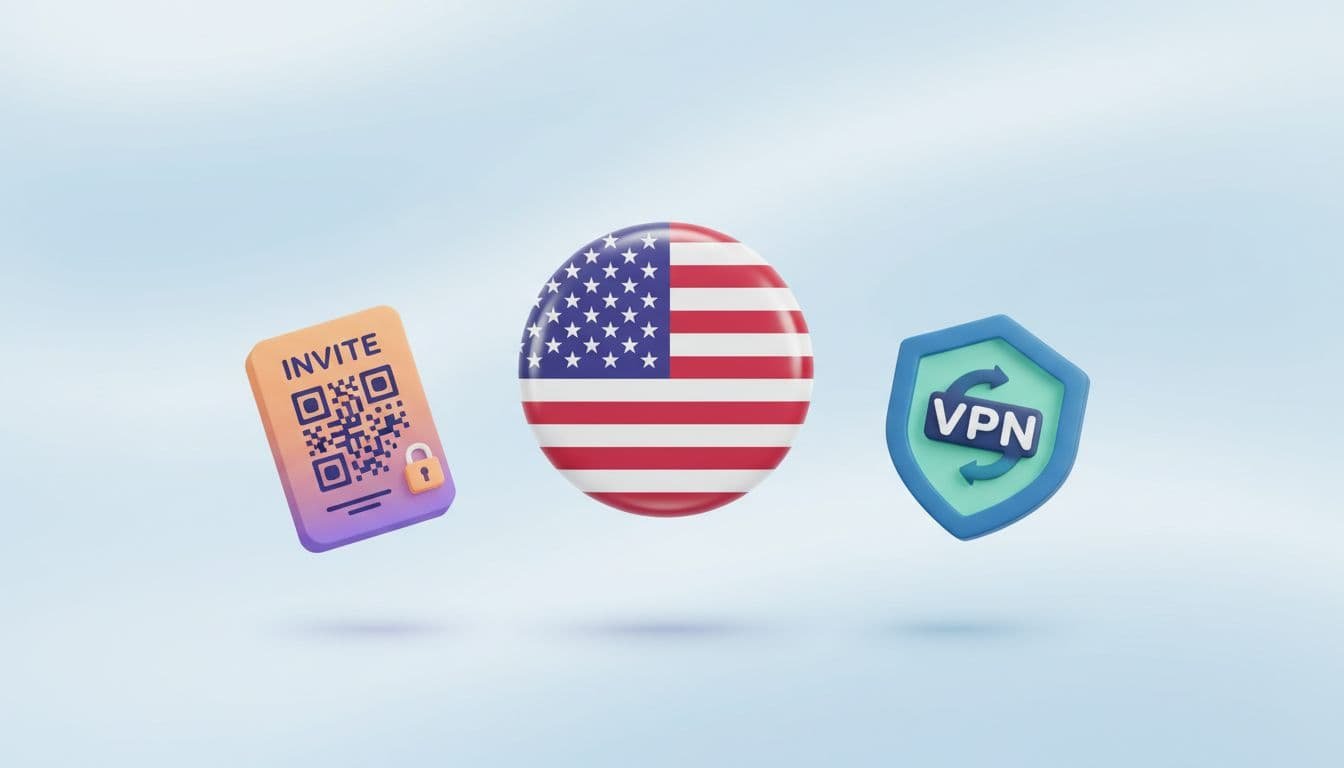 Sora 2 access concept with US availability, invite code, and VPN shield icons