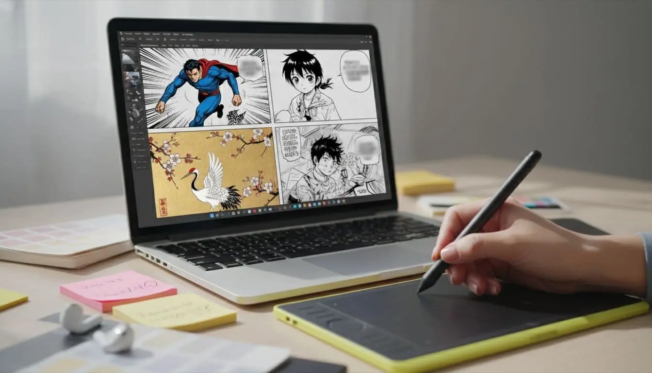 Photorealistic close-up of a hand using a stylus on a drawing tablet beside a laptop displaying a comic panel grid in various styles like superhero, manga, and nihonga.