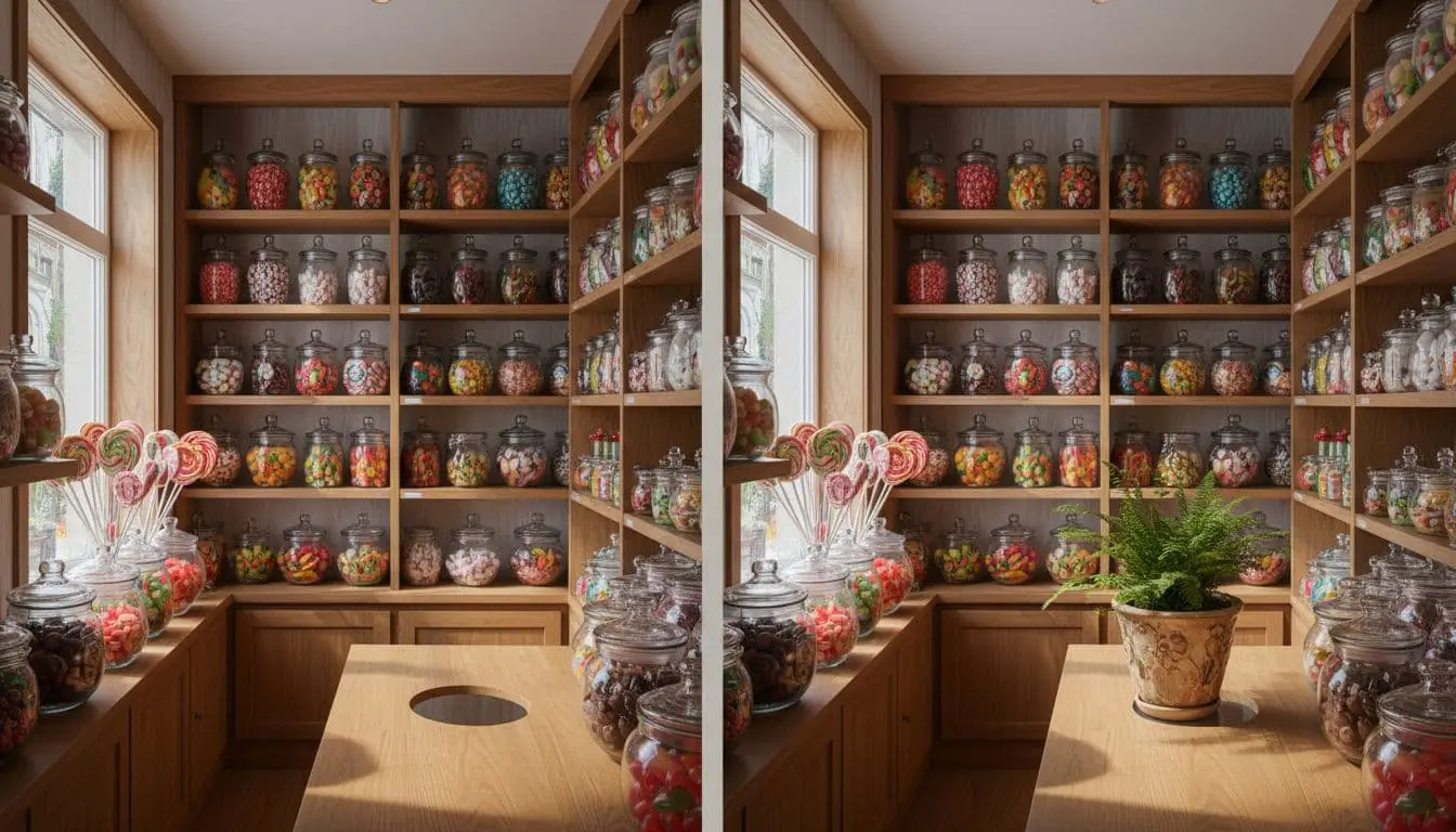 Photorealistic before-and-after edit of a cozy candy shop interior, with a ceramic flower pot seamlessly added to an empty counter spot, matching lighting and shadows perfectly.