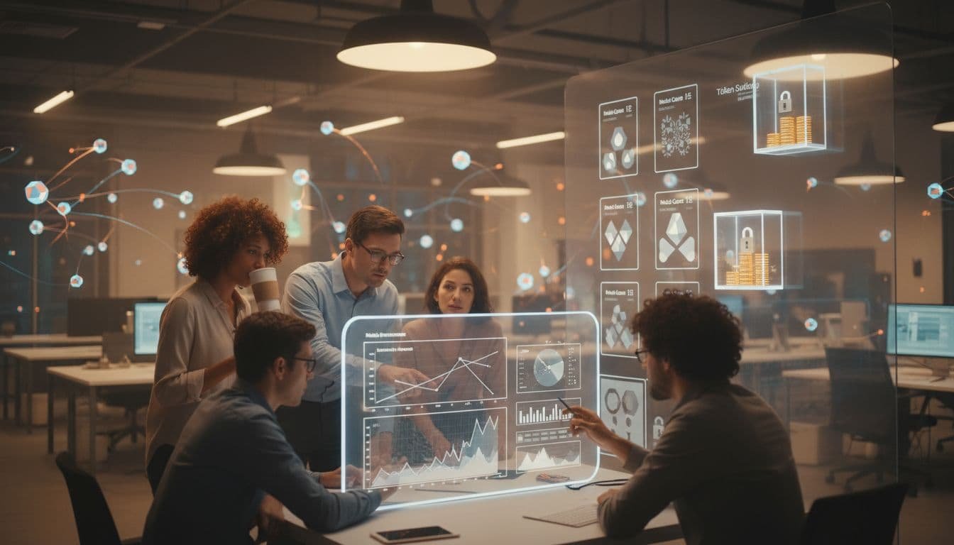 A photorealistic image depicting a diverse team of data scientists reviewing a shared dashboard with model performance plots, token staking visualized as glowing coins next to contributor model cards, and background autonomous agents as floating nodes exchanging data, in a collaborative and merit-based atmosphere with warm studio lighting.