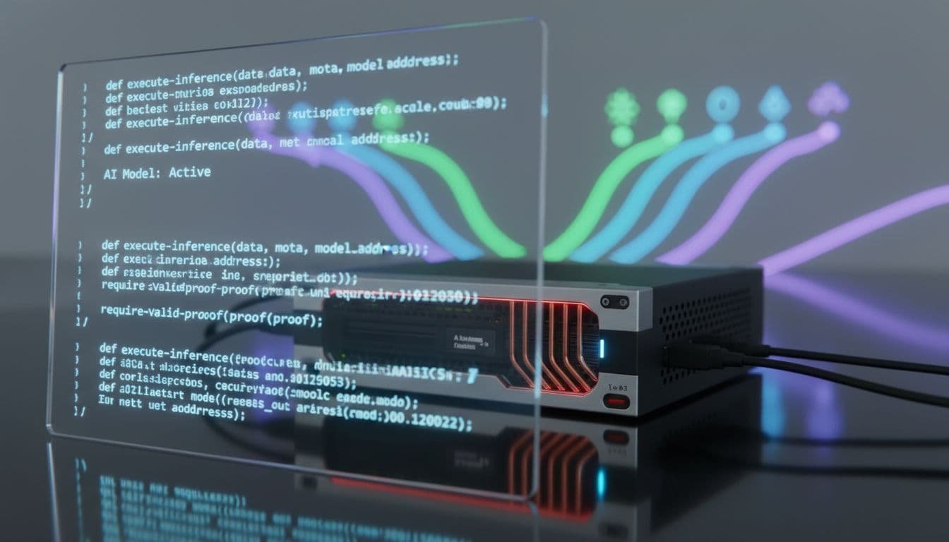 Photorealistic image depicting decentralized AI services and on-chain inference, featuring a smart contract code snippet on a transparent screen, a compact edge server running an AI model with visible heat pipes, and multiple blockchains as colored lanes in the background for cross-chain execution.