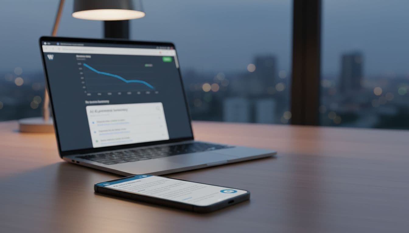 declining-wikipedia-traffic-ai-search-2025-b7839ed6 Photorealistic scene of a smartphone showing a blurred page of Wikipedia traffic decline beside a laptop with a downward analytics chart, plus a search result with an AI summary box, at a dusk-lit desk.