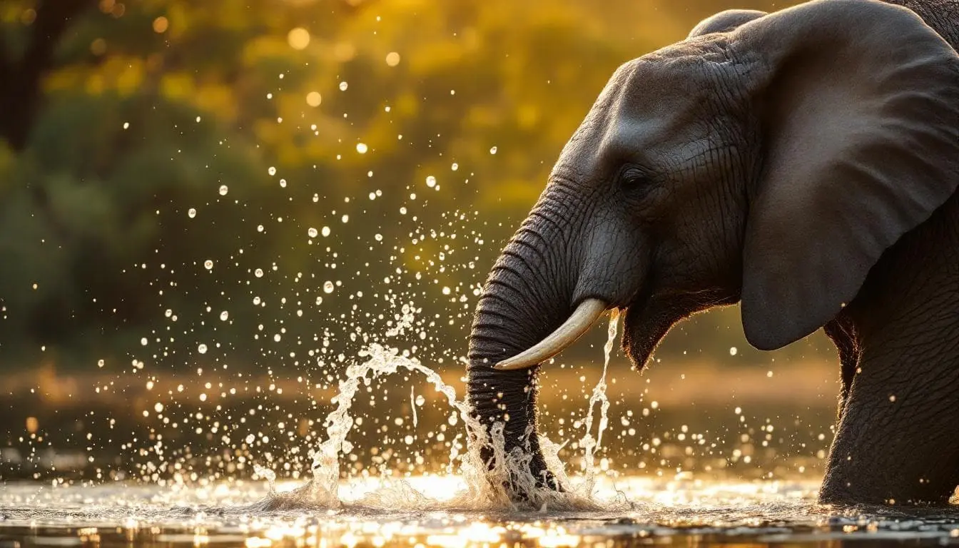 Elephant splashing water with droplets frozen mid-air in warm savanna light.