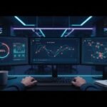 Photorealistic wide banner image of FortiAI cybersecurity operations center with ultra-wide monitors showing a sleek AI security dashboard in dark theme, including risk scores, attack timeline, and network map. Foreground features a SOC analyst's hands on a keyboard beside a coffee mug and notepad, with dim cool lighting and neon blue accents in the background.