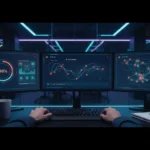 Photorealistic wide banner image of FortiAI cybersecurity operations center with ultra-wide monitors showing a sleek AI security dashboard in dark theme, including risk scores, attack timeline, and network map. Foreground features a SOC analyst's hands on a keyboard beside a coffee mug and notepad, with dim cool lighting and neon blue accents in the background.