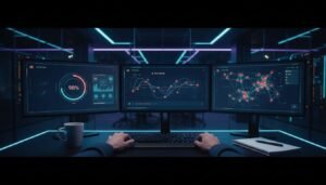 Photorealistic wide banner image of FortiAI cybersecurity operations center with ultra-wide monitors showing a sleek AI security dashboard in dark theme, including risk scores, attack timeline, and network map. Foreground features a SOC analyst's hands on a keyboard beside a coffee mug and notepad, with dim cool lighting and neon blue accents in the background.