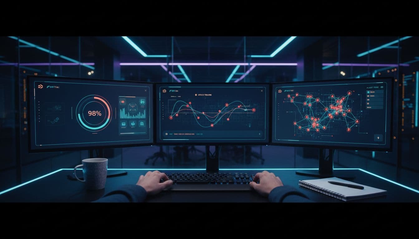 Photorealistic wide banner image of FortiAI cybersecurity operations center with ultra-wide monitors showing a sleek AI security dashboard in dark theme, including risk scores, attack timeline, and network map. Foreground features a SOC analyst's hands on a keyboard beside a coffee mug and notepad, with dim cool lighting and neon blue accents in the background.