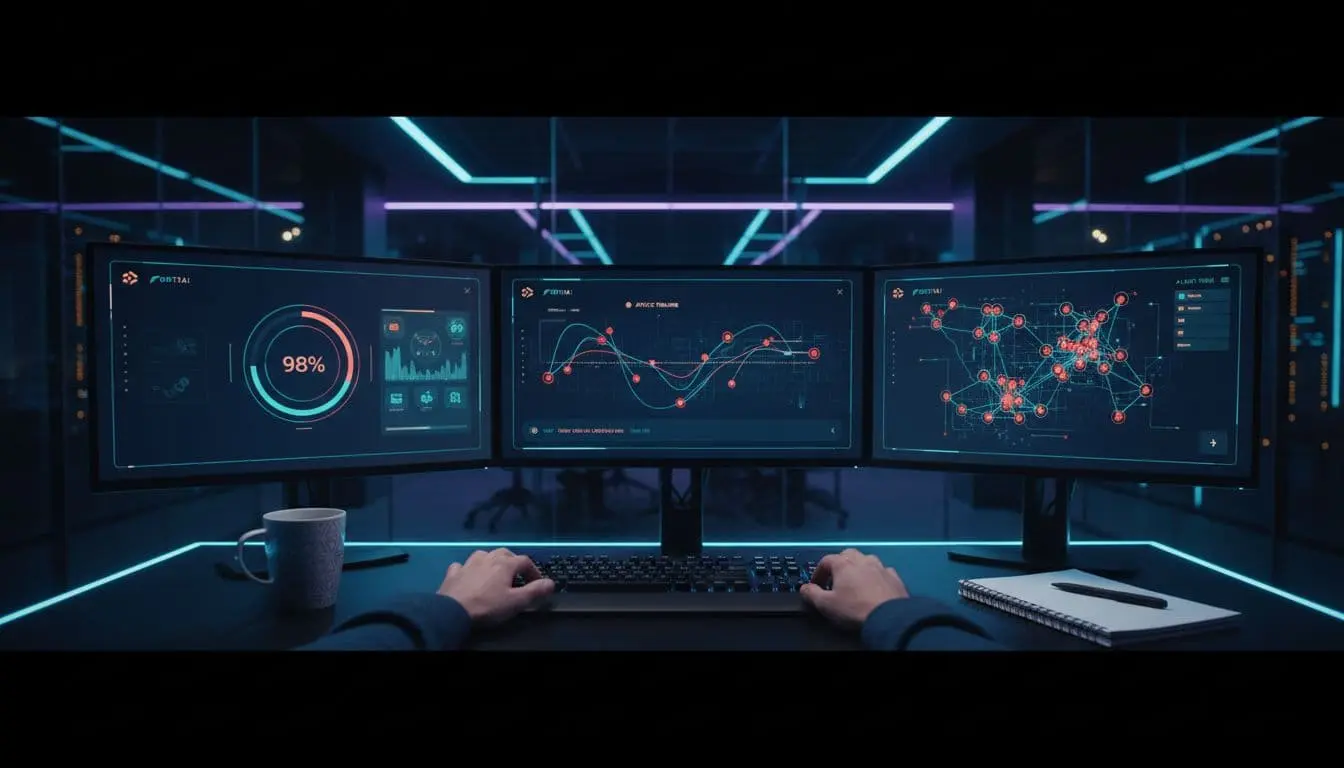 Photorealistic wide banner image of FortiAI cybersecurity operations center with ultra-wide monitors showing a sleek AI security dashboard in dark theme, including risk scores, attack timeline, and network map. Foreground features a SOC analyst's hands on a keyboard beside a coffee mug and notepad, with dim cool lighting and neon blue accents in the background.