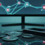 A photorealistic close-up of GROK tokens cryptocoin props on a dark reflective desk next to a hardware wallet, with a background monitor showing blockchain visualization and AI risk nodes in cool teal-blue lighting.