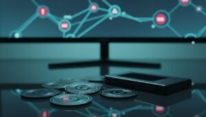 A photorealistic close-up of GROK tokens cryptocoin props on a dark reflective desk next to a hardware wallet, with a background monitor showing blockchain visualization and AI risk nodes in cool teal-blue lighting.