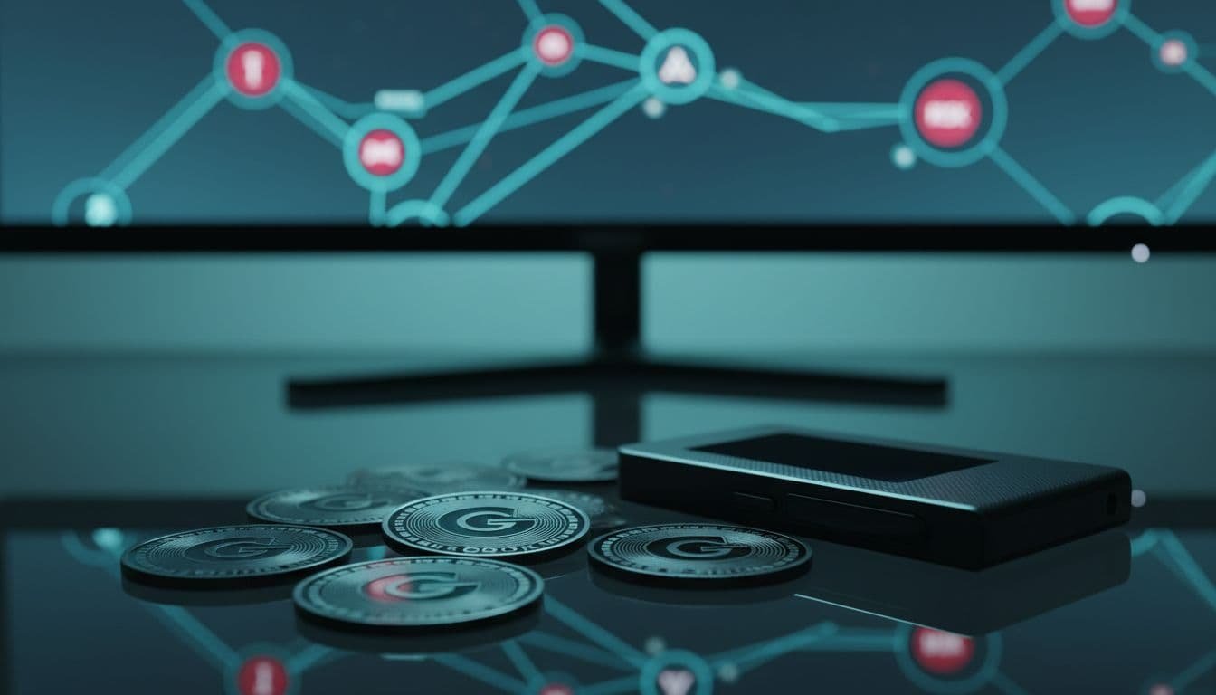 A photorealistic close-up of GROK tokens cryptocoin props on a dark reflective desk next to a hardware wallet, with a background monitor showing blockchain visualization and AI risk nodes in cool teal-blue lighting.