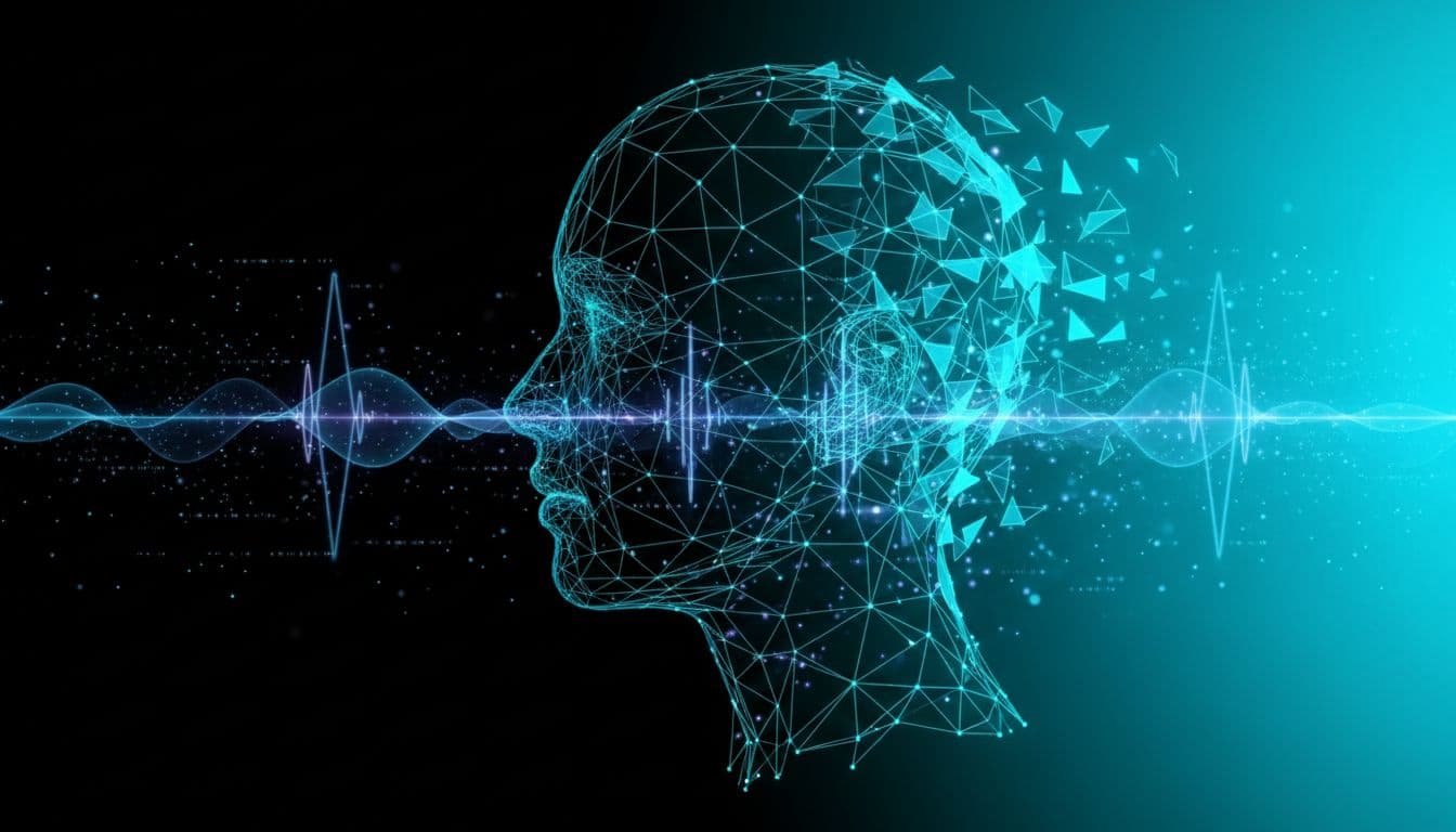 Sora 2 Cameos concept showing a face morphing into a digital avatar with waveform overlay