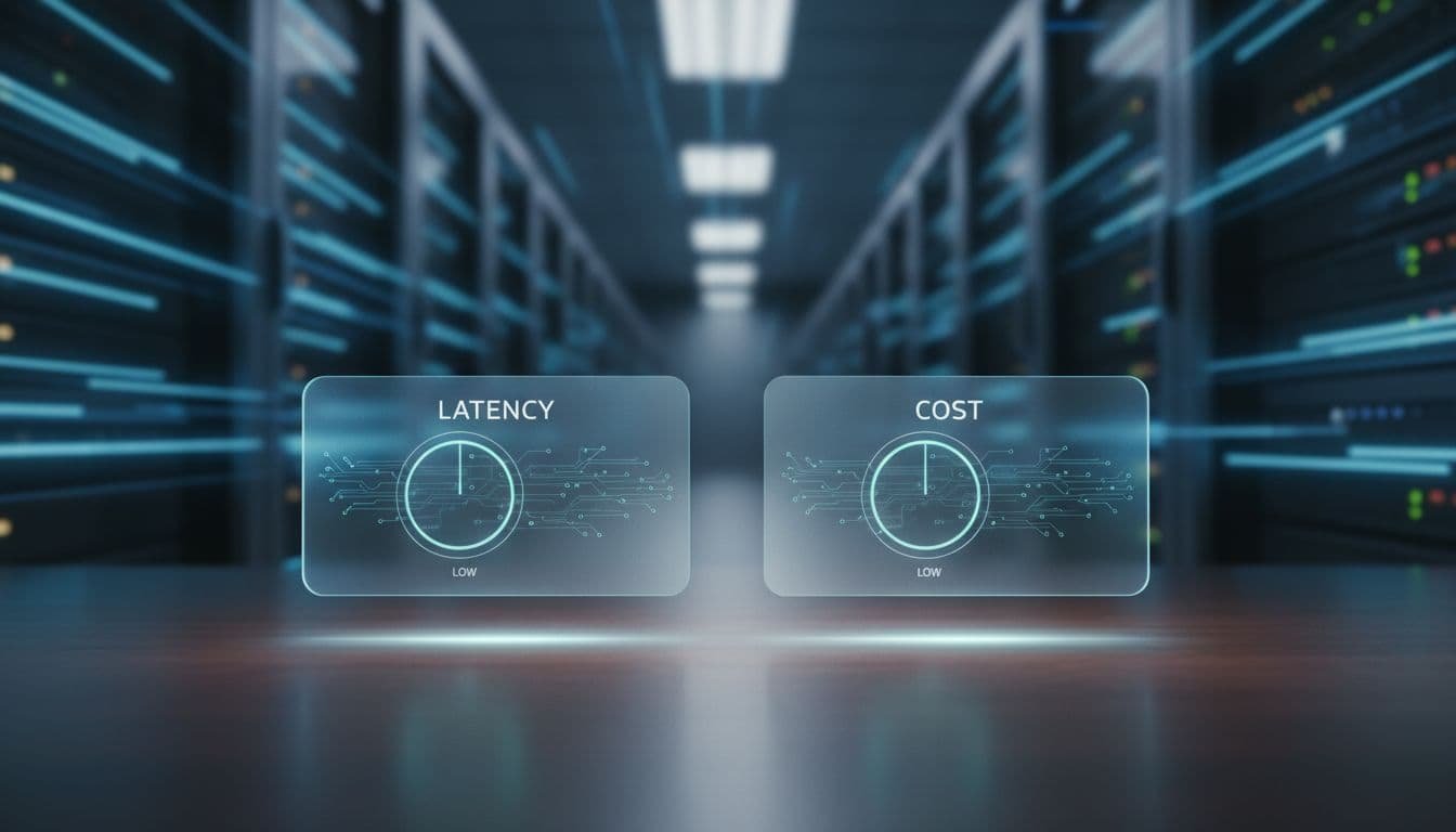 Photorealistic concept image showing the balance of speed and cost with hovering UI cards indicating low latency and low cost over a desk, set against blurred server racks with blue lighting and motion trails.