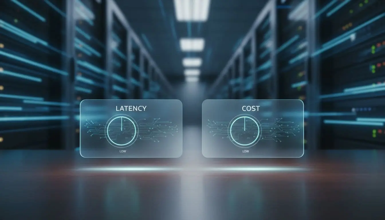 Photorealistic concept image showing the balance of speed and cost with hovering UI cards indicating low latency and low cost over a desk, set against blurred server racks with blue lighting and motion trails.