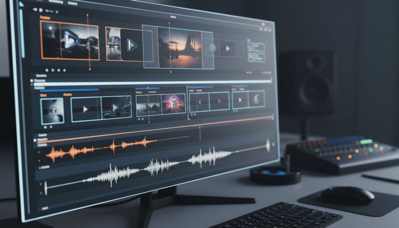 A photo-realistic render of a professional video editing UI featuring a crisp timeline with multiple clips, cuts, transitions, and synced audio waveforms in the foreground, set against a blurred studio desk background.