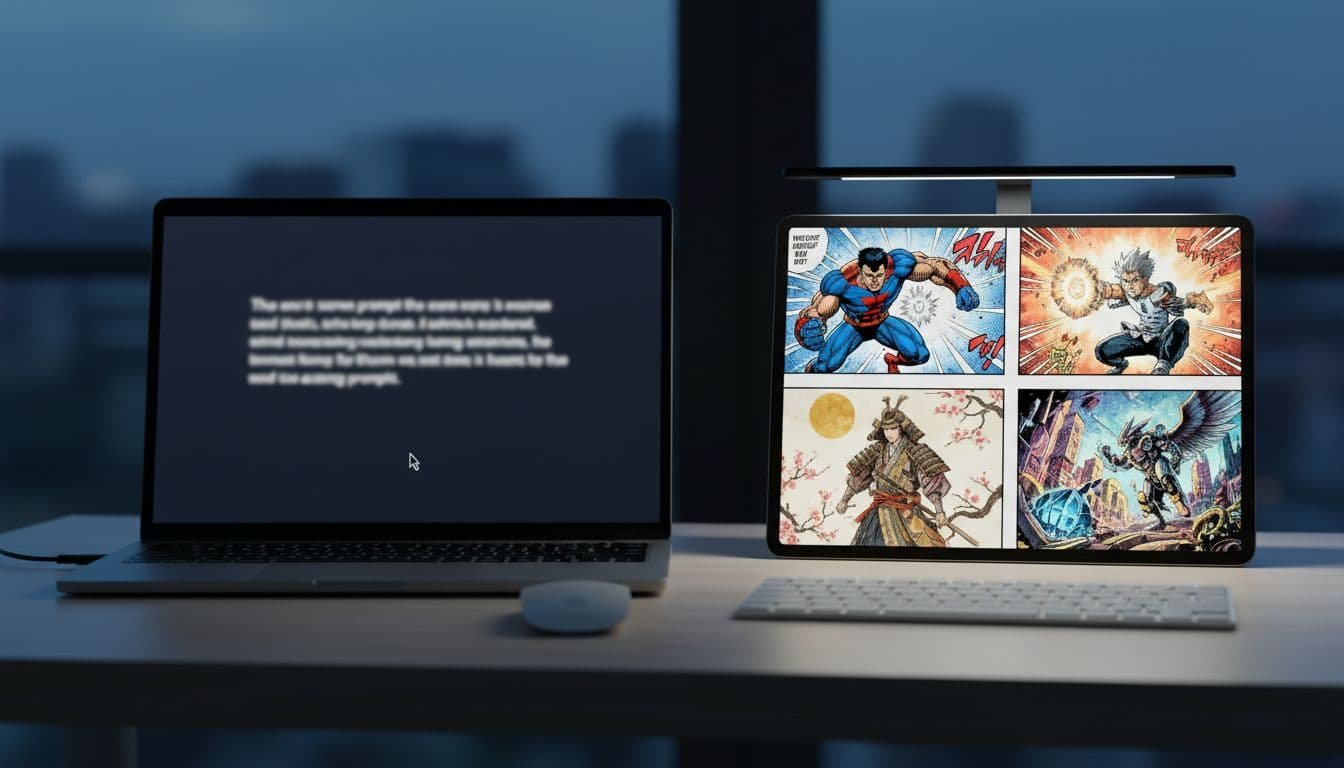 Side-by-side desk setup showing a blurred scene prompt and the generated comic page preview.