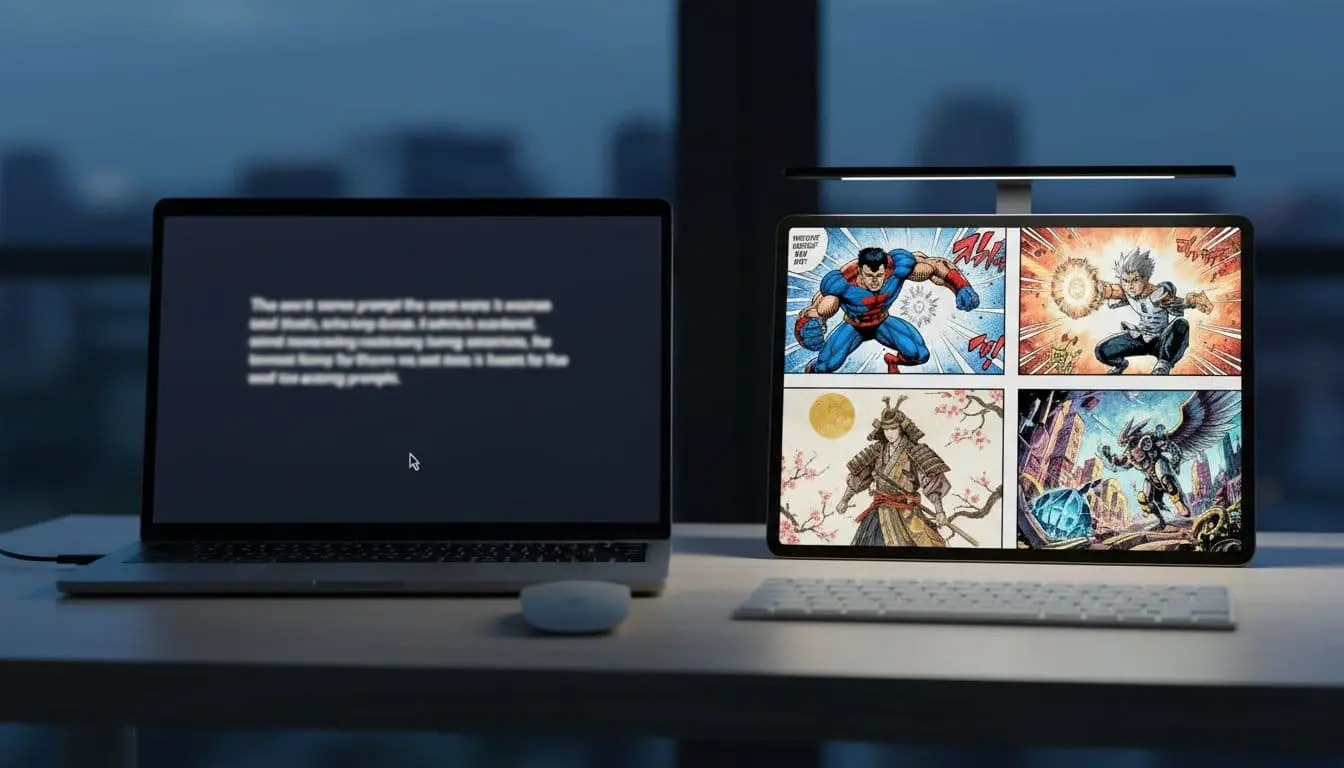 Side-by-side desk setup showing a blurred scene prompt and the generated comic page preview.